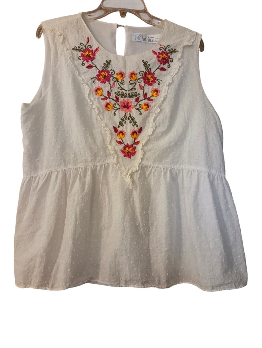 Time And Tru White Swiss Dot Peplum Top Embrodiered Boho Cottagecore Size XL